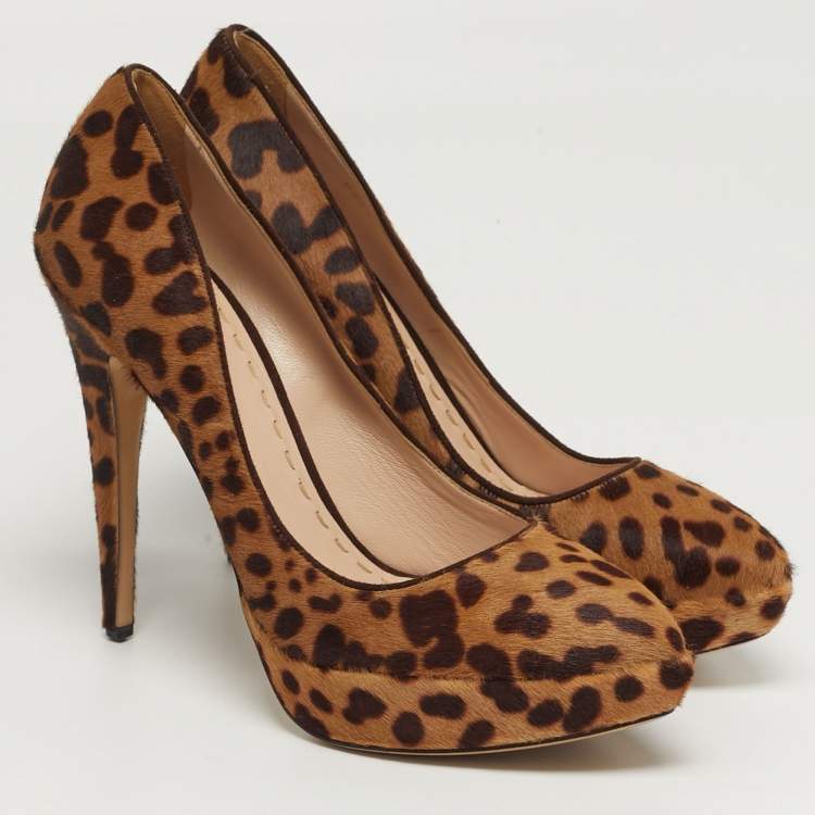 Pre Owned Miu Miu Size 41 Brown/Beige Leopard Print  Calf Hair Platform Pumps