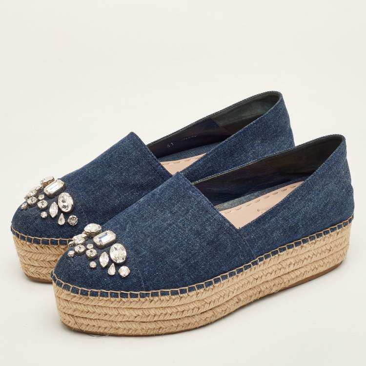 Pre Owned Miu Miu Size 41 Navy Blue Denim Crystal Embellished Platform Espadrille Sandals