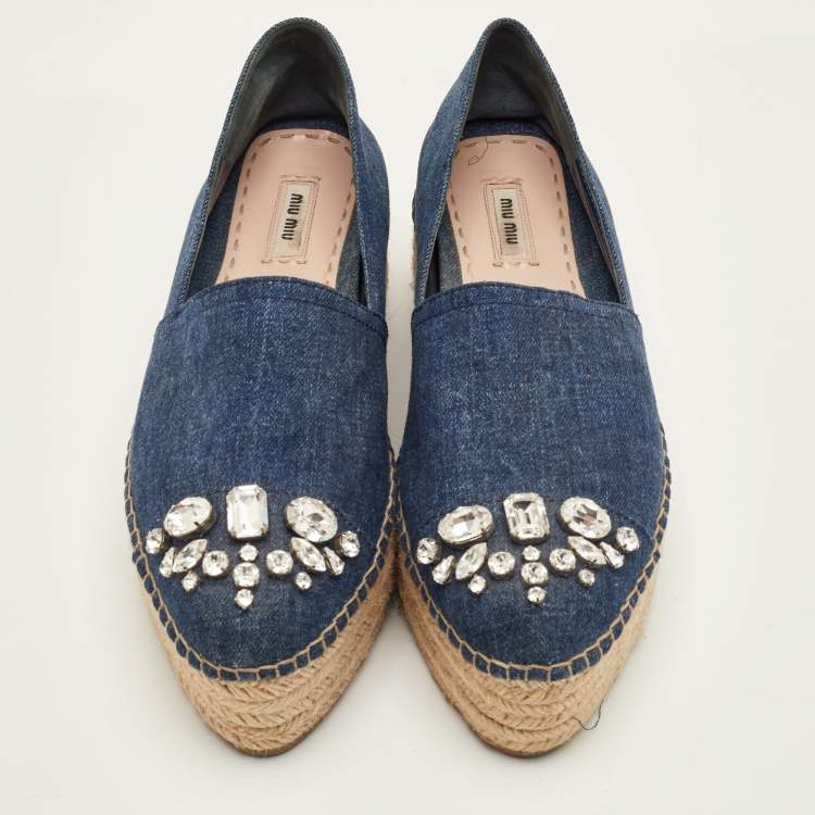 Pre Owned Miu Miu Size 41 Navy Blue Denim Crystal Embellished Platform Espadrille Sandals