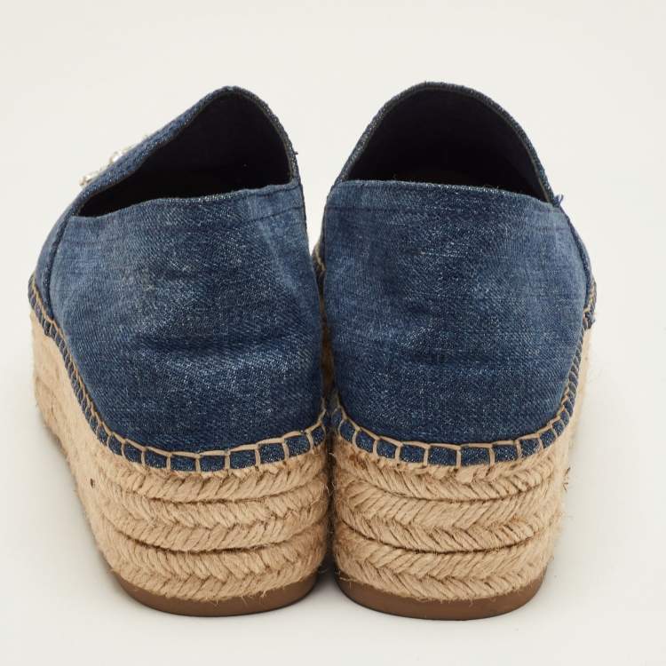 Pre Owned Miu Miu Size 41 Navy Blue Denim Crystal Embellished Platform Espadrille Sandals