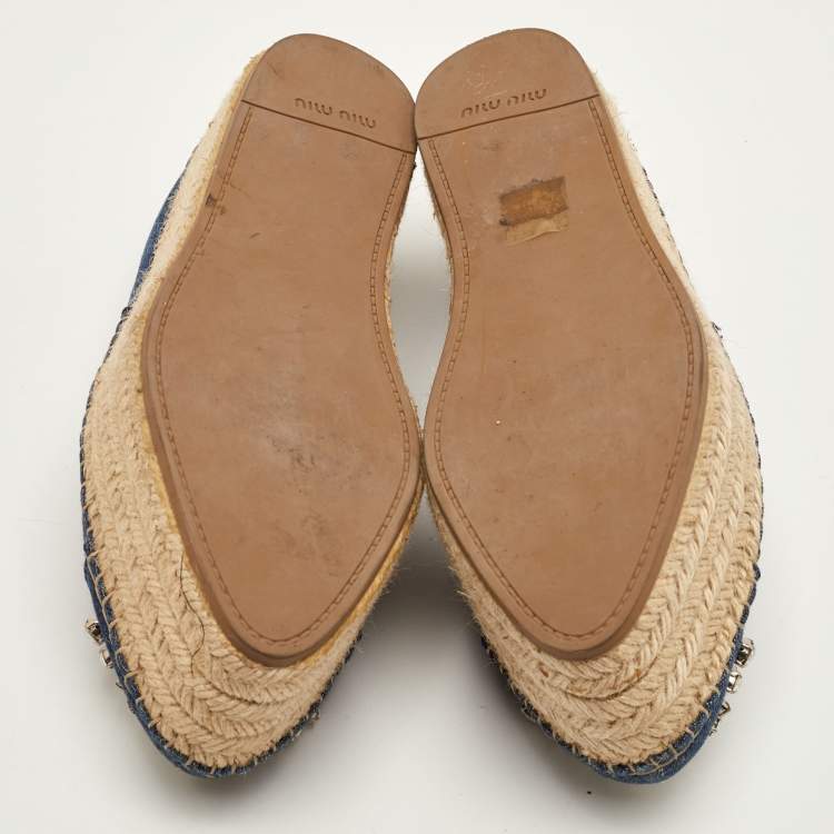 Pre Owned Miu Miu Size 41 Navy Blue Denim Crystal Embellished Platform Espadrille Sandals