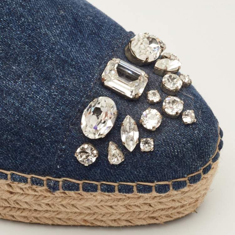 Pre Owned Miu Miu Size 41 Navy Blue Denim Crystal Embellished Platform Espadrille Sandals
