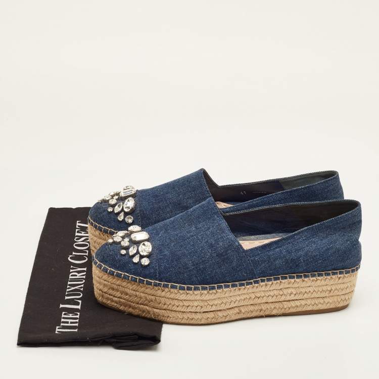Pre Owned Miu Miu Size 41 Navy Blue Denim Crystal Embellished Platform Espadrille Sandals
