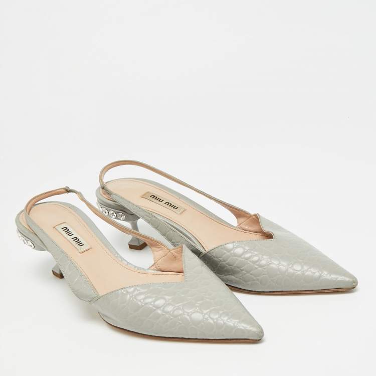 Pre Owned Miu Miu Size 38 Blue Croc Embossed Leather Slingback Pumps
