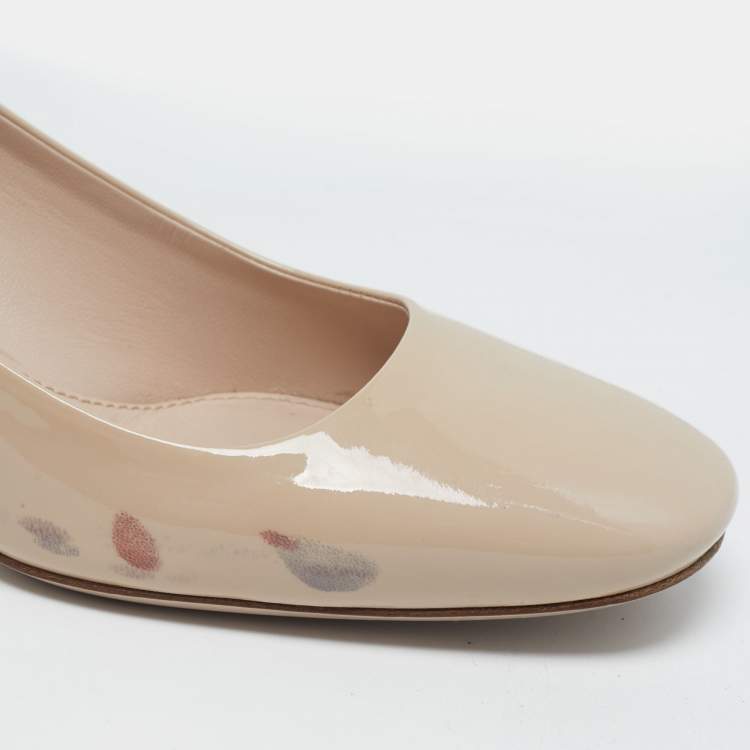 Pre Owned Miu Miu Size 35 Beige Patent Leather Crystal Embellished Block Heel Pumps