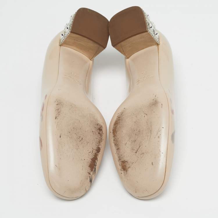 Pre Owned Miu Miu Size 35 Beige Patent Leather Crystal Embellished Block Heel Pumps