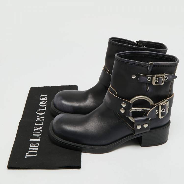 Pre Owned Miu Miu Harness Moto Size 38 Black Leather Combat Boots