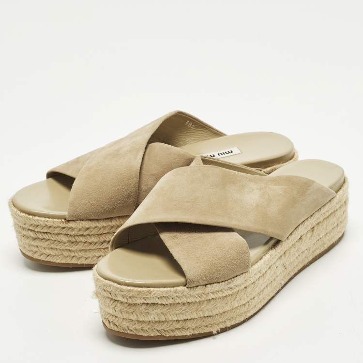 Pre Owned Miu Miu Size 38.5 Beige Suede Platform Espadrille Sandals