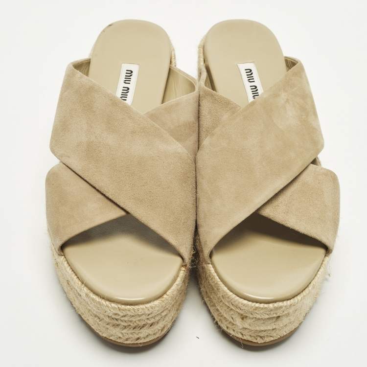 Pre Owned Miu Miu Size 38.5 Beige Suede Platform Espadrille Sandals