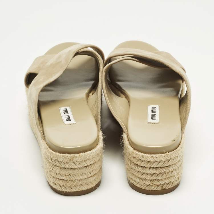 Pre Owned Miu Miu Size 38.5 Beige Suede Platform Espadrille Sandals
