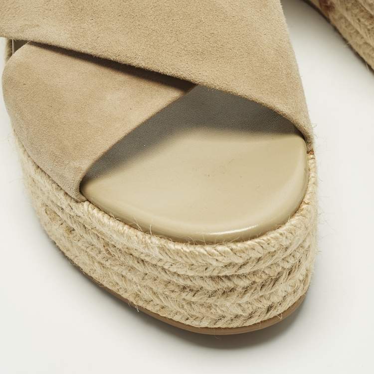 Pre Owned Miu Miu Size 38.5 Beige Suede Platform Espadrille Sandals