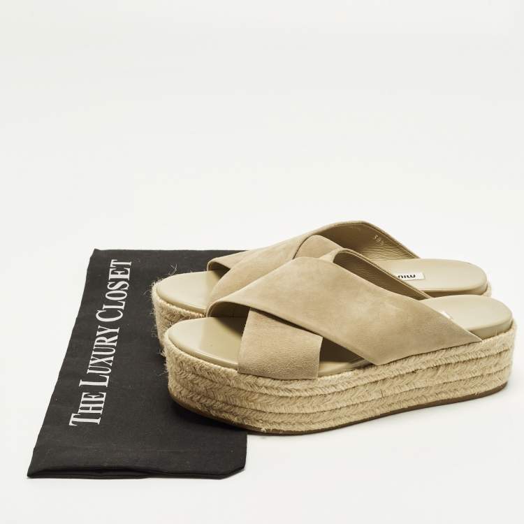 Pre Owned Miu Miu Size 38.5 Beige Suede Platform Espadrille Sandals