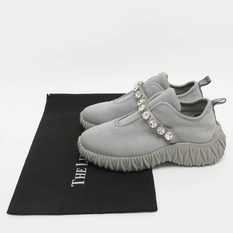 Pre Owned Miu Miu Embellished Size 37 Grey Knit Fabric Slip On Sneakers