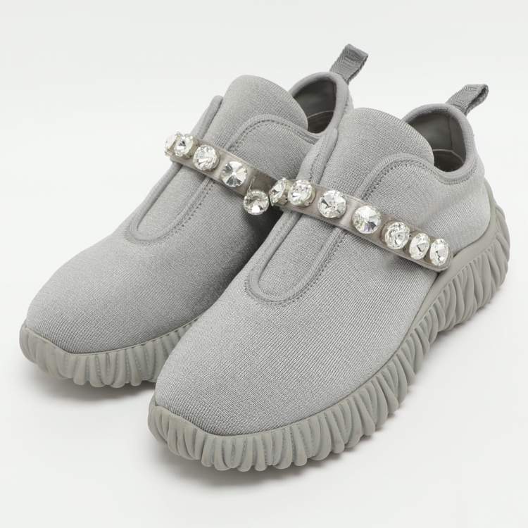 Pre Owned Miu Miu Embellished Size 37 Grey Knit Fabric Slip On Sneakers