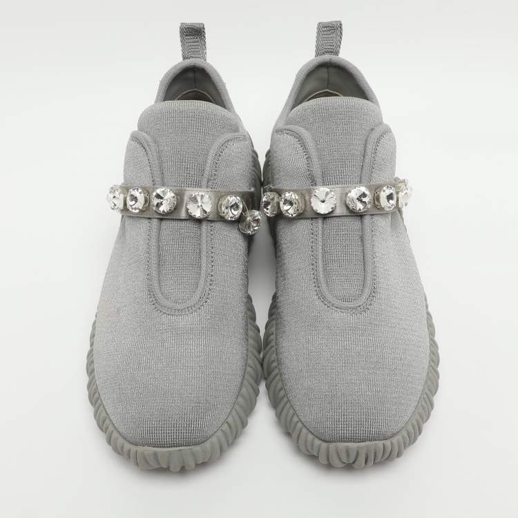 Pre Owned Miu Miu Embellished Size 37 Grey Knit Fabric Slip On Sneakers