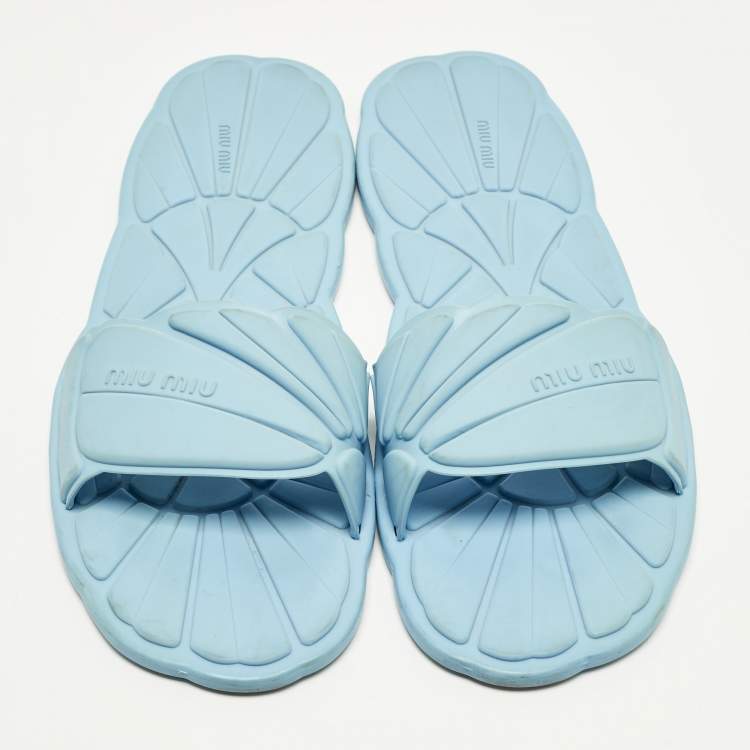 Pre Owned Miu Miu Wavy Size 40 Light Blue Rubber Flat Slide Sandals