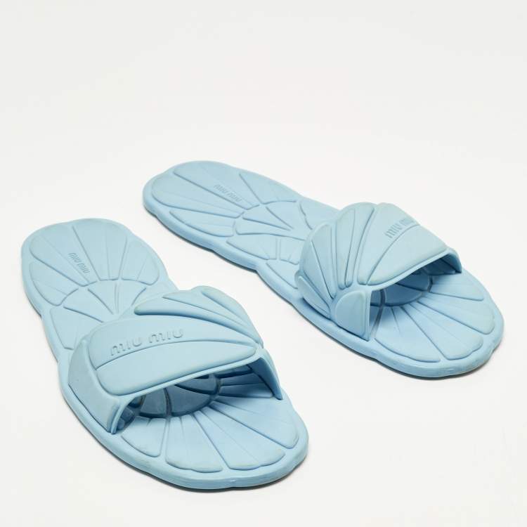 Pre Owned Miu Miu Wavy Size 40 Light Blue Rubber Flat Slide Sandals
