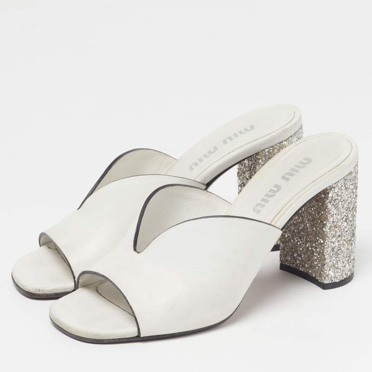Pre Owned Miu Miu Size 37.5 White Leather Glitter Block Heel Slide Sandals