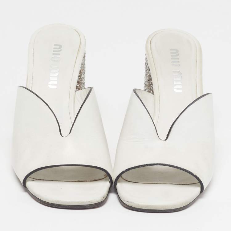 Pre Owned Miu Miu Size 37.5 White Leather Glitter Block Heel Slide Sandals