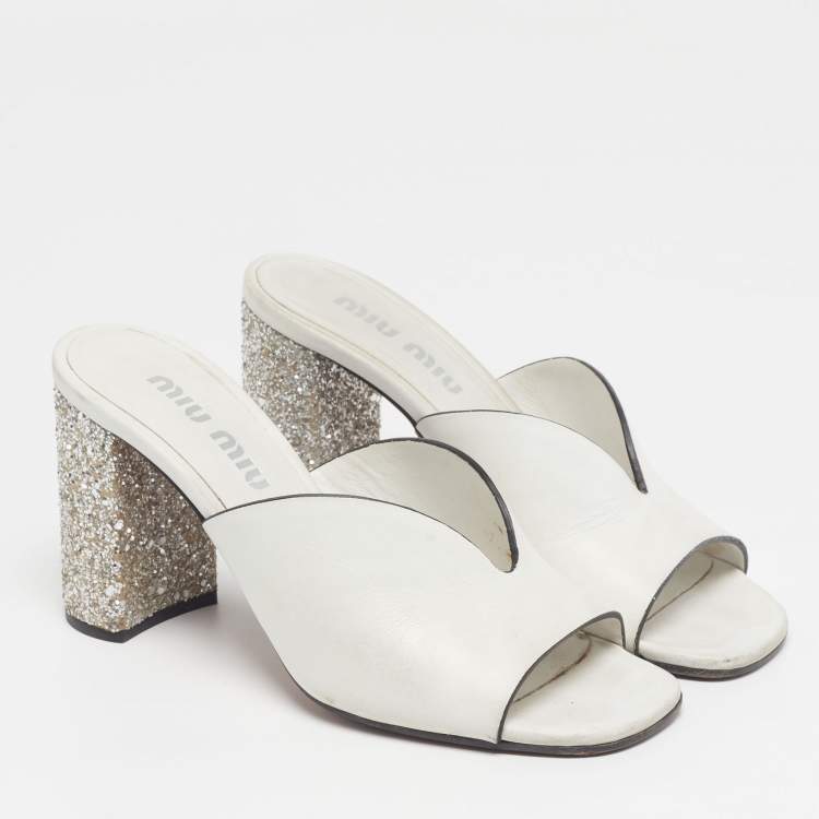 Pre Owned Miu Miu Size 37.5 White Leather Glitter Block Heel Slide Sandals