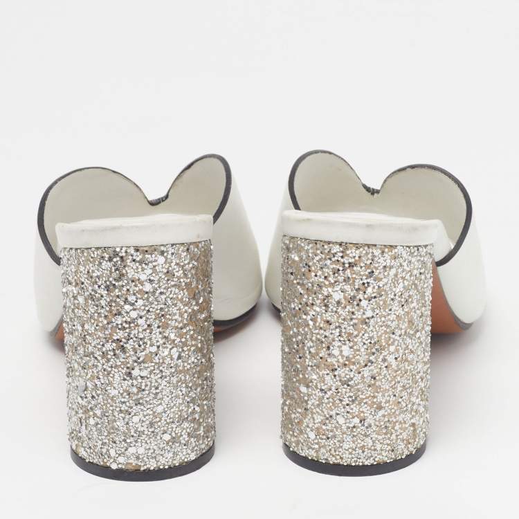 Pre Owned Miu Miu Size 37.5 White Leather Glitter Block Heel Slide Sandals