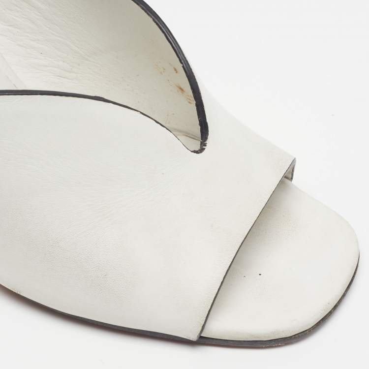 Pre Owned Miu Miu Size 37.5 White Leather Glitter Block Heel Slide Sandals