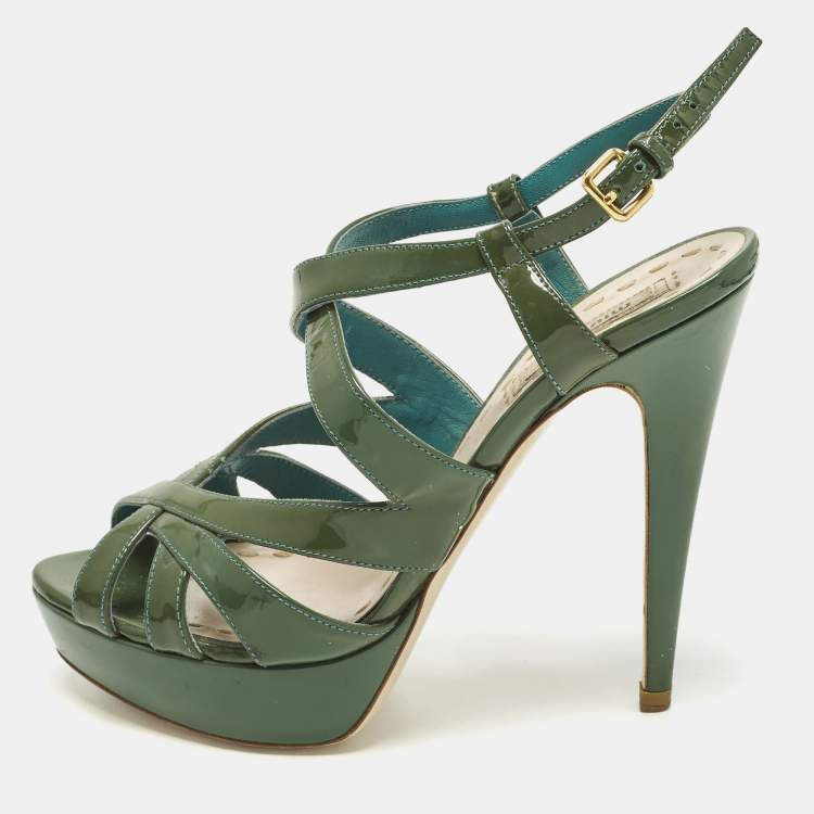 Pre Owned Miu Miu Size 37.5 Green Patent Leather Ankle Strap Sandals