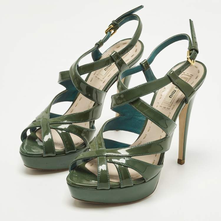 Pre Owned Miu Miu Size 37.5 Green Patent Leather Ankle Strap Sandals