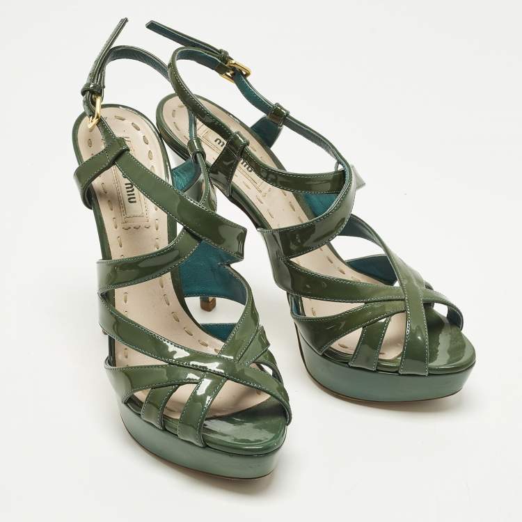 Pre Owned Miu Miu Size 37.5 Green Patent Leather Ankle Strap Sandals