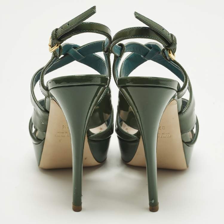 Pre Owned Miu Miu Size 37.5 Green Patent Leather Ankle Strap Sandals