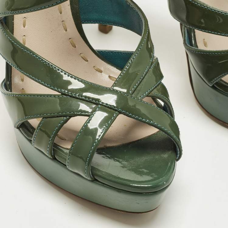 Pre Owned Miu Miu Size 37.5 Green Patent Leather Ankle Strap Sandals
