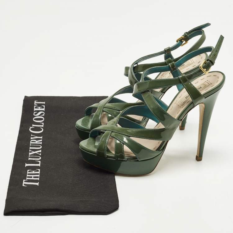 Pre Owned Miu Miu Size 37.5 Green Patent Leather Ankle Strap Sandals