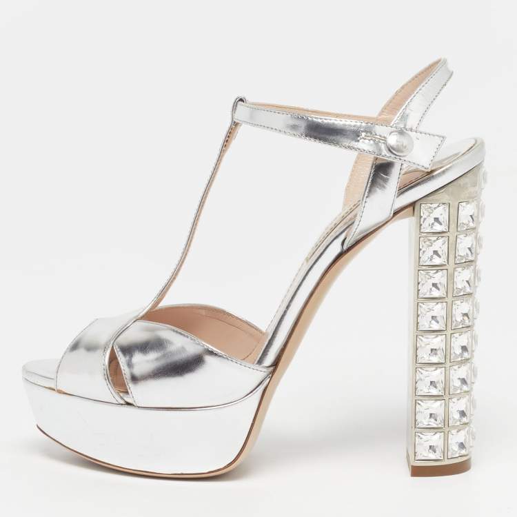 Pre Owned Miu Miu Size 37 Silver Leather Platform Crystal Embellished Heel Sandals