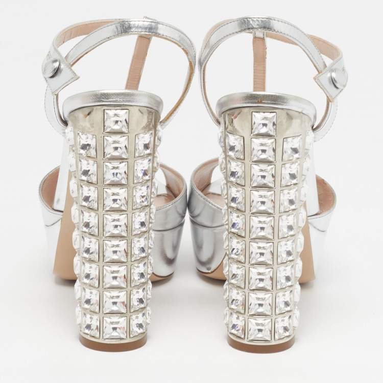 Pre Owned Miu Miu Size 37 Silver Leather Platform Crystal Embellished Heel Sandals