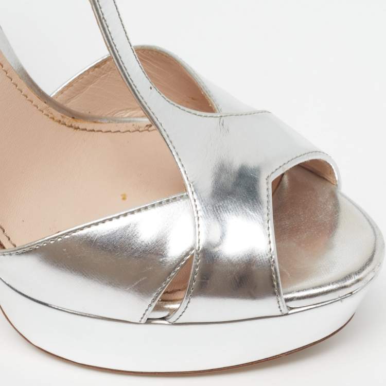Pre Owned Miu Miu Size 37 Silver Leather Platform Crystal Embellished Heel Sandals
