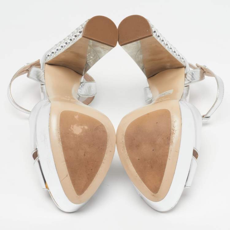 Pre Owned Miu Miu Size 37 Silver Leather Platform Crystal Embellished Heel Sandals