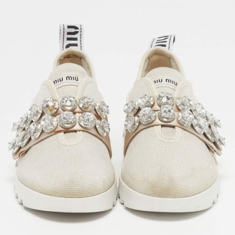 Pre Owned Miu Miu Size 36 Cream Knit Fabric Crystal Embellished Slip On Sneakers