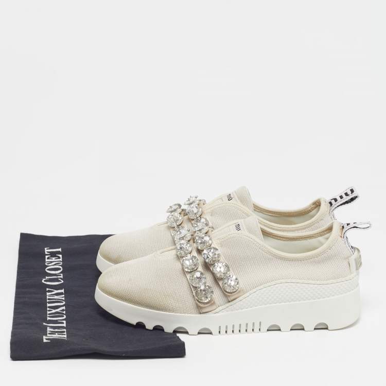 Pre Owned Miu Miu Size 36 Cream Knit Fabric Crystal Embellished Slip On Sneakers