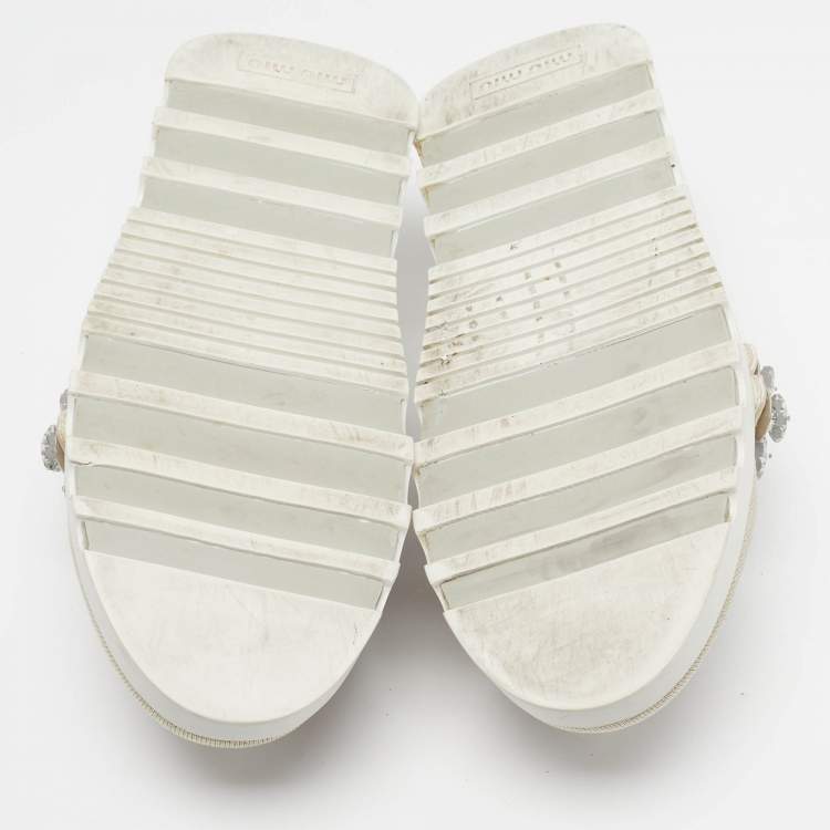 Pre Owned Miu Miu Size 36 Cream Knit Fabric Crystal Embellished Slip On Sneakers