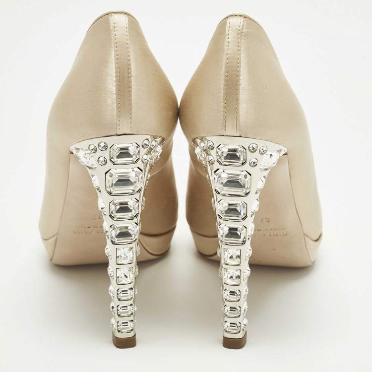 Pre Owned Miu Miu Size 37 Cream Satin Crystal Embellished Heel Platform Peep Toe Pumps