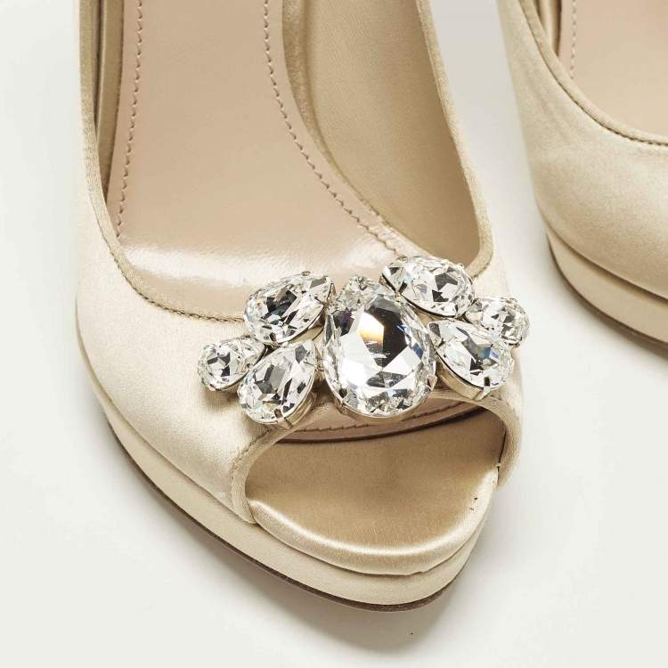 Pre Owned Miu Miu Size 37 Cream Satin Crystal Embellished Heel Platform Peep Toe Pumps