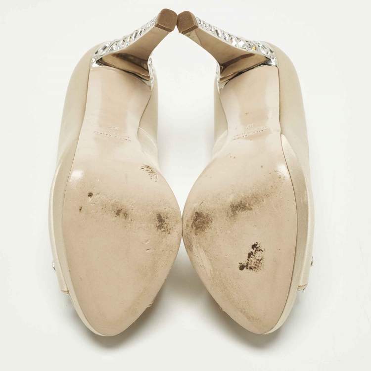 Pre Owned Miu Miu Size 37 Cream Satin Crystal Embellished Heel Platform Peep Toe Pumps