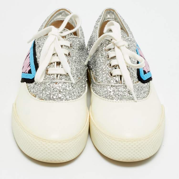 Pre Owned Miu Miu Patch Size 38.5 White/Silver Glitter and Leather Low Top Sneakers