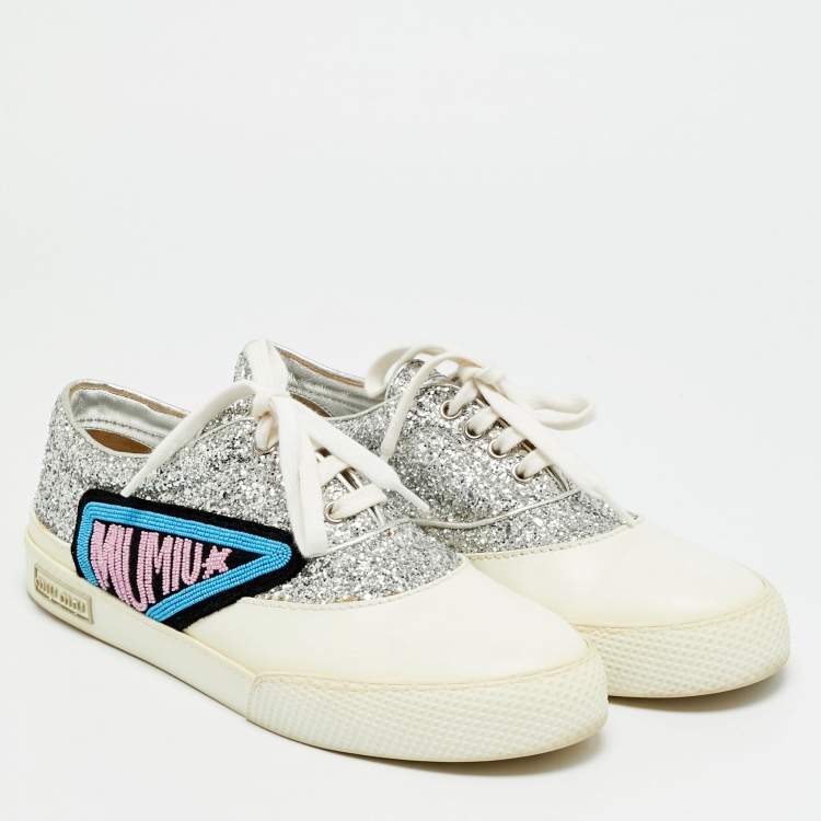 Pre Owned Miu Miu Patch Size 38.5 White/Silver Glitter and Leather Low Top Sneakers