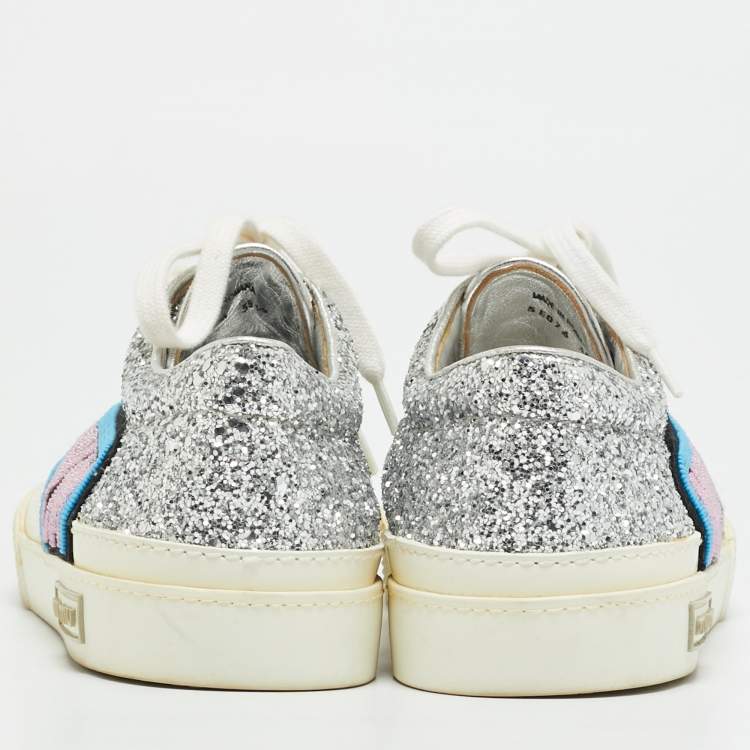 Pre Owned Miu Miu Patch Size 38.5 White/Silver Glitter and Leather Low Top Sneakers