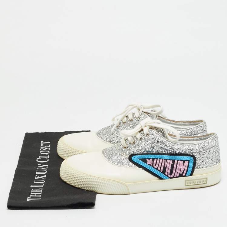 Pre Owned Miu Miu Patch Size 38.5 White/Silver Glitter and Leather Low Top Sneakers