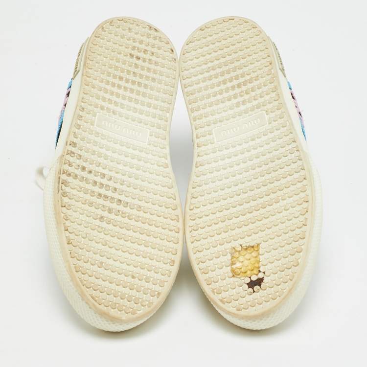 Pre Owned Miu Miu Patch Size 38.5 White/Silver Glitter and Leather Low Top Sneakers