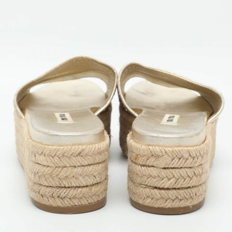 Pre Owned Miu Miu Size 38.5 Gold Glitter Espadrille Platform Slide Sandals 
