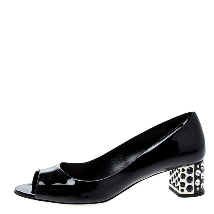 Pre Owned Miu Miu Black Patent Leather Crystal Block Heel Open Toe Pumps Size 37.5