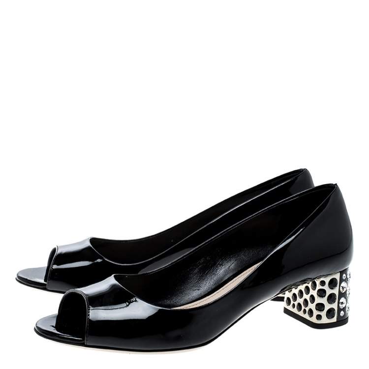 Pre Owned Miu Miu Black Patent Leather Crystal Block Heel Open Toe Pumps Size 37.5